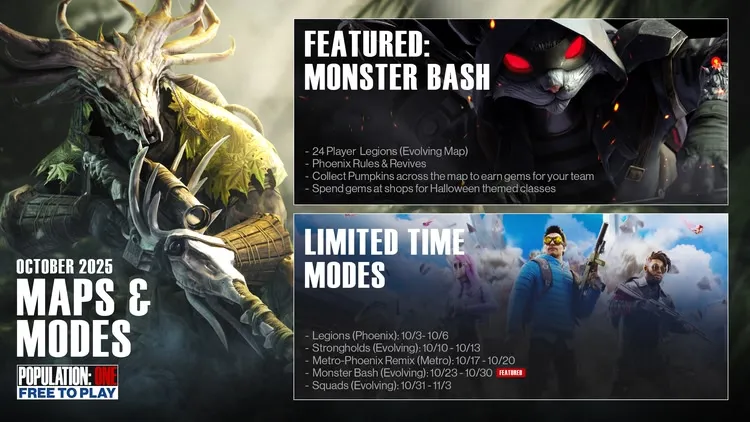 Developer update image for POPULATION: ONE October Maps & Modes Schedule
