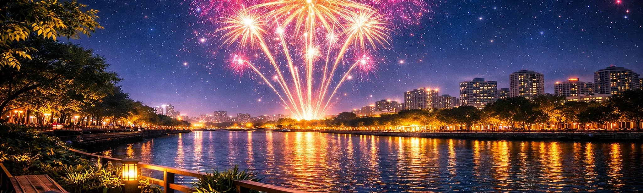 VR Travel Urban River Fireworks