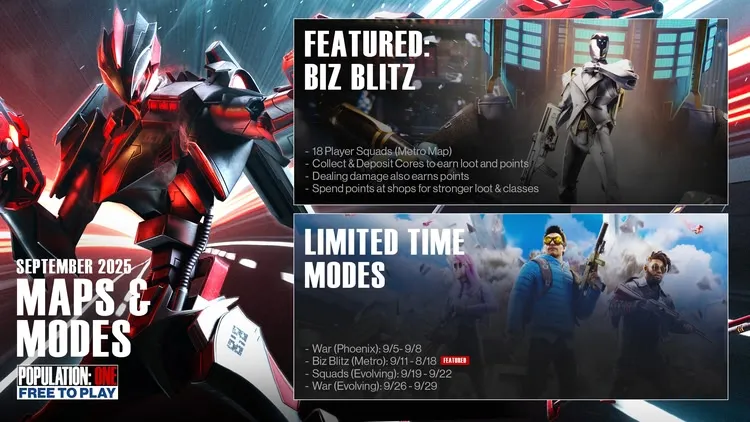 Developer update image for POPULATION: ONE September Maps & Modes Schedule