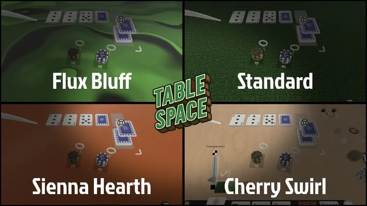 Developer update image for New Custom Table Surface Designs Available Now: Flux Bluff, Sienna Hearth, and Cherry Swirl!