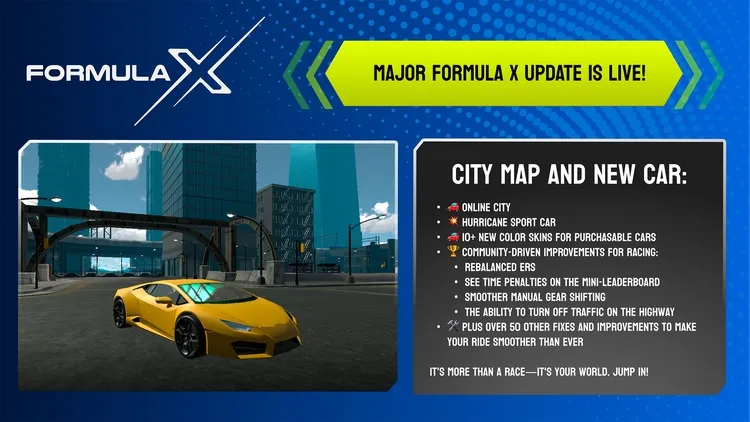 Developer update image for Major Formula X update is live! Meet City map and Hurricane!