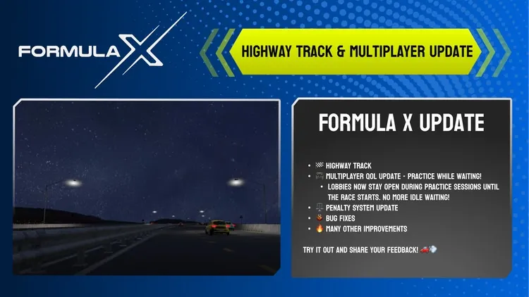 Developer update image for NEW TRACK & Multiplayer QoL FormulaX Update
